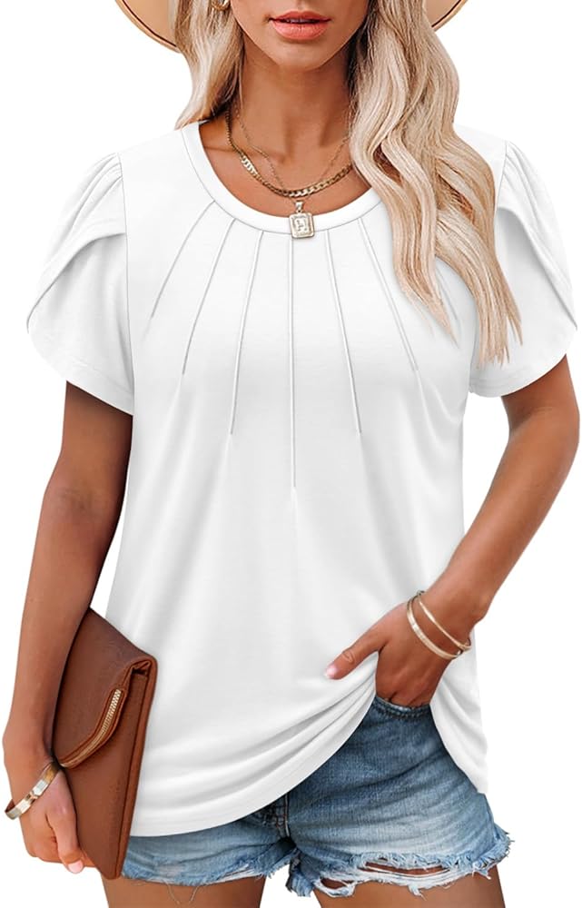 Angerella Womens Pleated Casual Summer Tops Short Sleeve Round Neck Shirts S-3XL