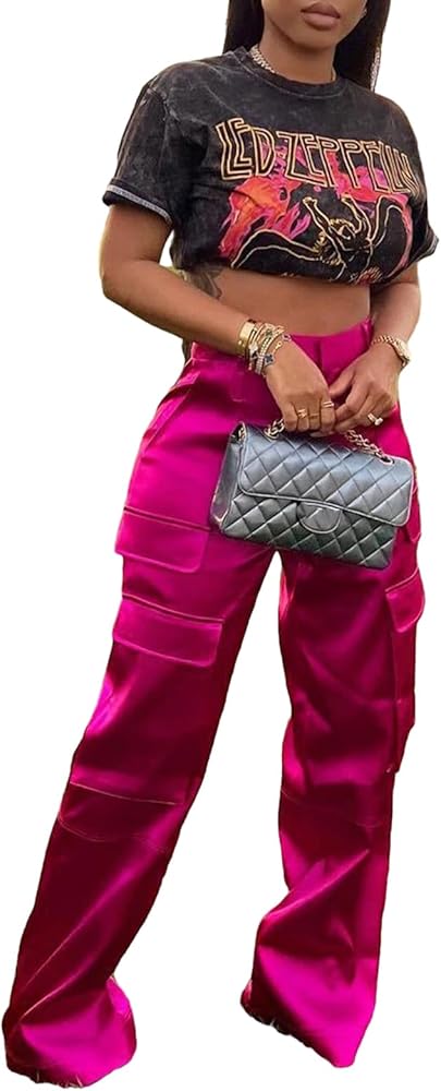 XZLUFNY Satin Cargo Pants for Women High Waist Multiple Pockets Wide Leg Trouser