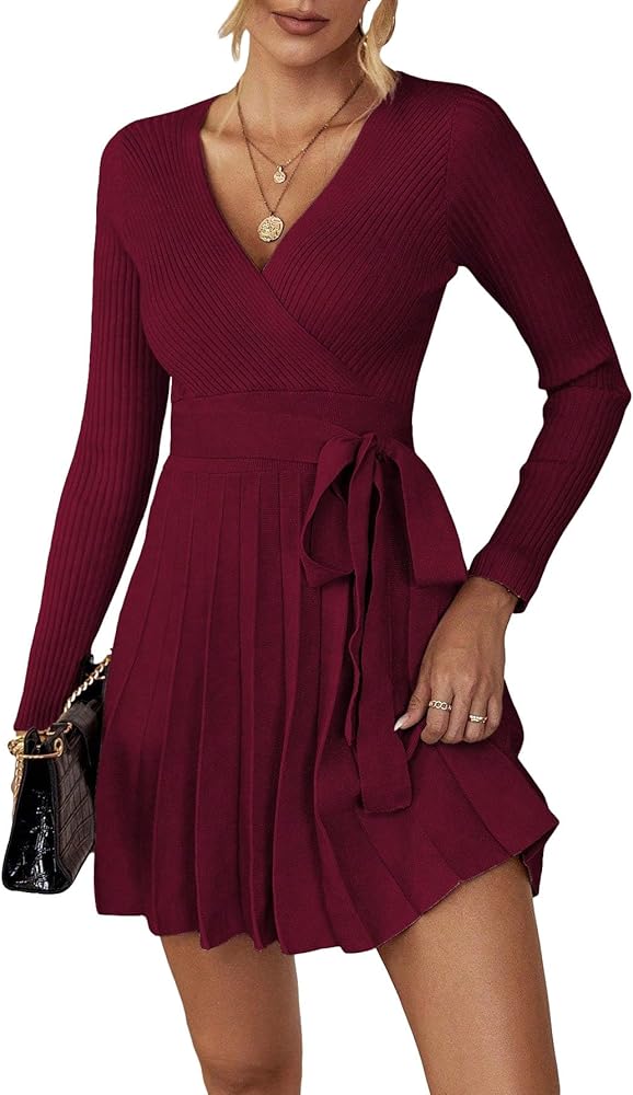 MakeMeChic Women's Sweater Dress Pleated V Neck Ribbed Knit Belted Mini Short Dresses