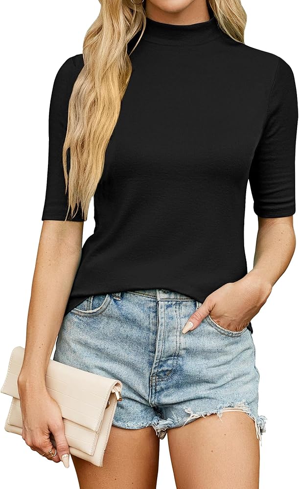 Bluetime Women Tops Half Sleeve Mock Turtleneck Tee Shirts Casual Slim Fit Basic Shirt Blouses