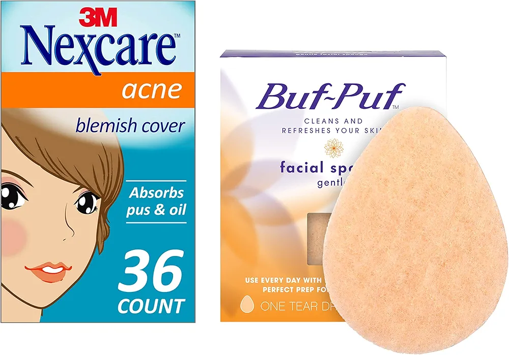 Buf-Puf Regular Facial Sponge, Removes Deep Down Dirt & Makeup That Causes Breakouts and Blackheads, Reusable, Exfoliating, White (1 Count) + Nexcare Acne Absorbing Patch (36 Count)