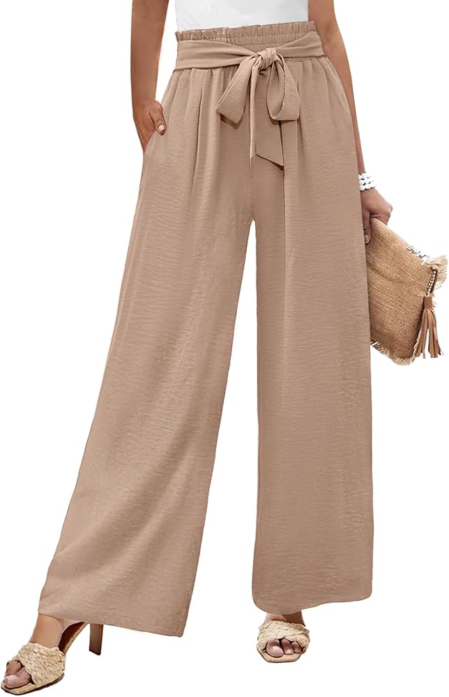 Sucolan Women's Wide Leg Pants High Waisted Adjustable Tie Knot Loose Trousers Business Casual Work Pants with Pockets