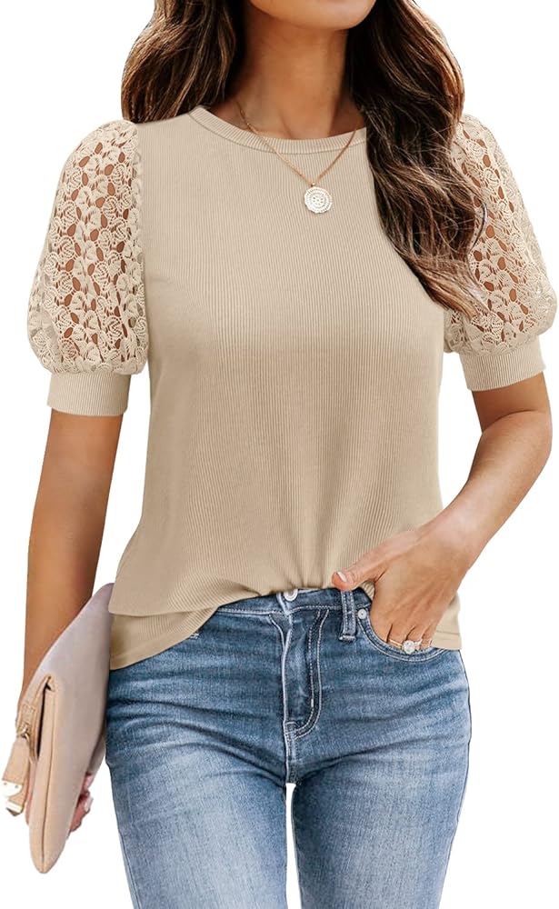 DOROSE Women's Puff Sleeve Tops Lace Casual Loose Summer Blouses T Shirt