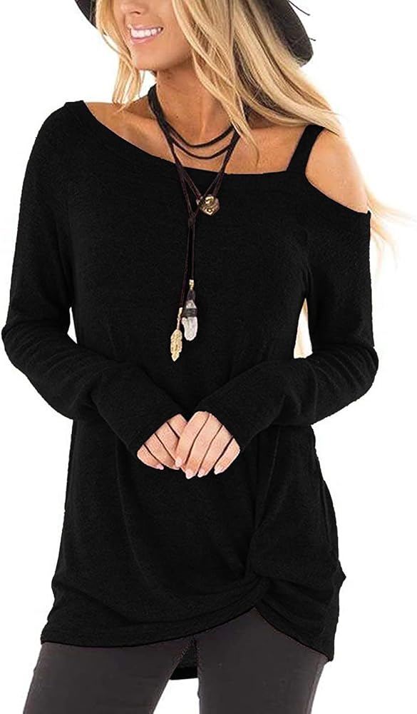 TEMOFON Women's Cold Shoulder Tops: Long Sleeve Casual Shirts Twist Knot Top Tunic Blouse TShirt S-2XL