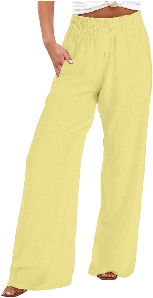 Loose Linen Pants for Women, Womens Dress Pants, My Orders Placed Recently By Me, Wide Leg Pants Woman High Waist Beach Pants Trousers with Pockets Summer Pants, Yellow,XXL