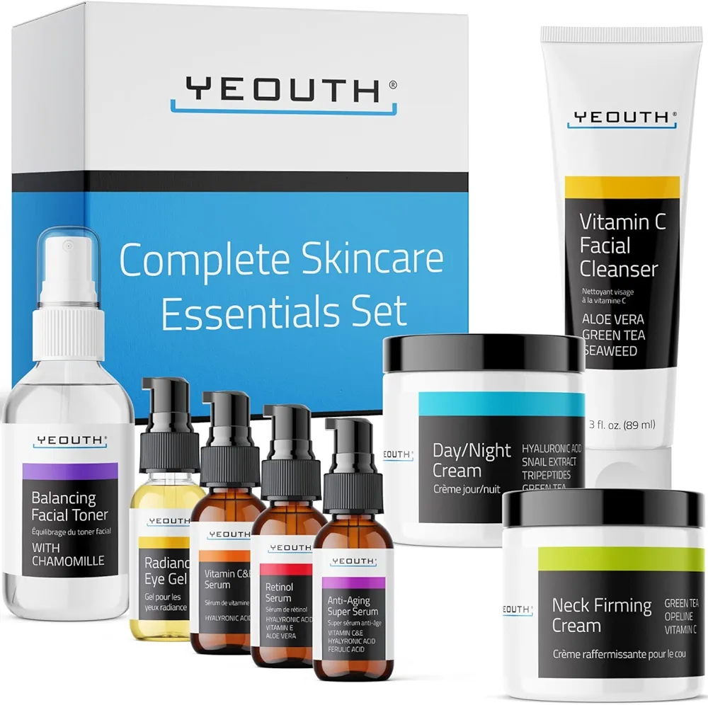 YEOUTH Skin Care Set: Retinol Serum for Face with Hyaluronic Acid, Vitamin C Serum, Face Serum, Cleanser, Toner, Eye Gel, Neck Cream, Face Cream, Gifts for Women & Men, Self Care Routine 8-Piece