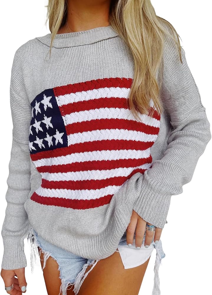 KMBANGI Women American Flag Sweater Graphic Loose Vintage Long Sleeve Crewneck Knitted Jumper Top Patriotic Pullover