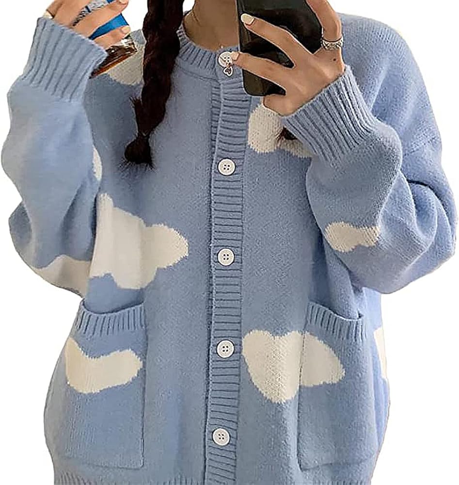 Women's Button Down Crew Neck Cardigan Kawaii Cloud Knitted Sweater with Pockets