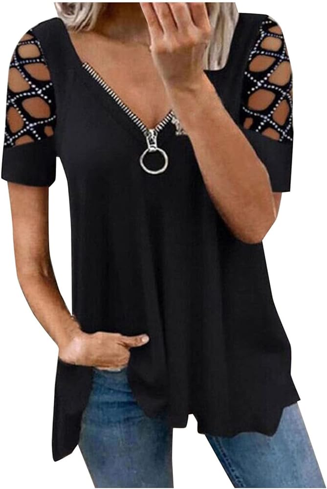 Womens Cutout Hollow Out Rhinestones Tops Summer Casual Short Sleeve Tunic Blouse Loose Comfy Solid Zipper V-Neck T Shirts