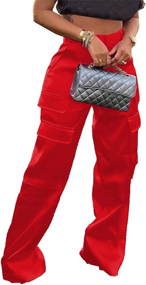 Satin Cargo Pants for Women High Waist Parachute Pants Casual Straight Pants with Flap Pockets