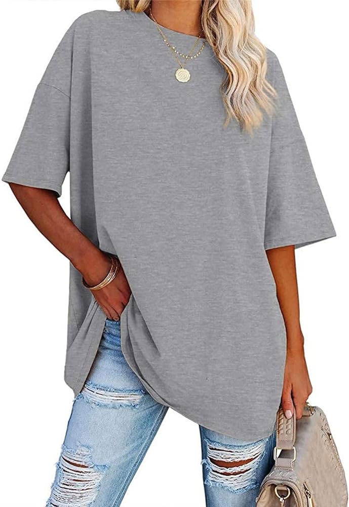 TSMNZMU Womens Oversized T Shirts Short Sleeve Baggy Tees Crewneck Loose Fit Tops Solid Color Cozy Cotton Blend Tunic