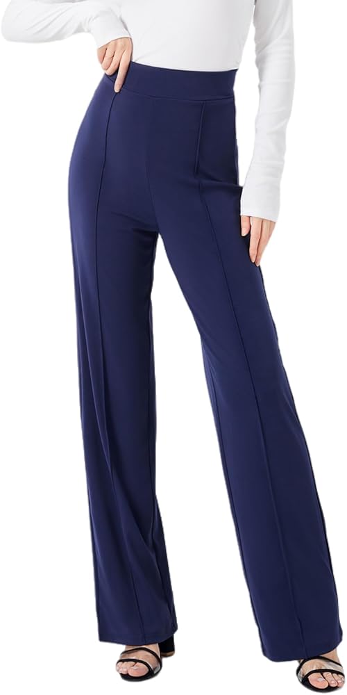 Women's Stylish Pants Casual Elastic High Waist Flared Leg Trousers Work Office Pants Dark Blue S