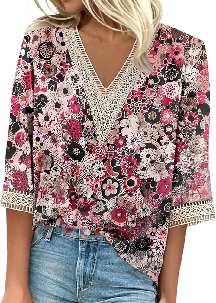 Summer Tops for Women,Summer Women Tops 2024 Lace Shirts for Women 3/4 Length Sleeve Tops Cute Graphic Tees