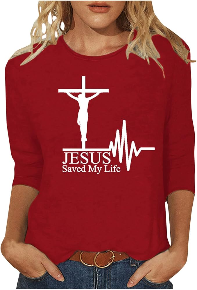 Easter 3/4 Sleeve Shirts for Women Cross Jesus Christian Religious Faith Tops Dressy Casual Crewneck Tunics Plus Size Blouses