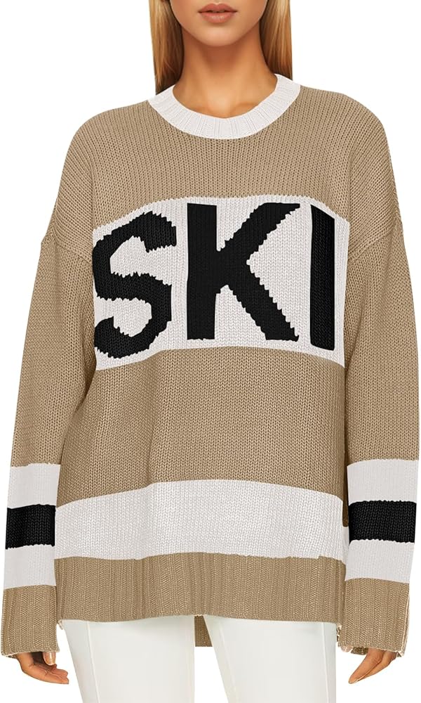 Saodimallsu Womens Color Block Oversized Sweater Ski Print Fall Trendy Crew Neck Long Sleeve Pullover Sweaters Knit Tops