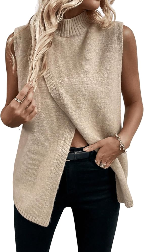 Verdusa Women's Mock Neck Sleeveless Split Wrap Sweater Vest Pullovers