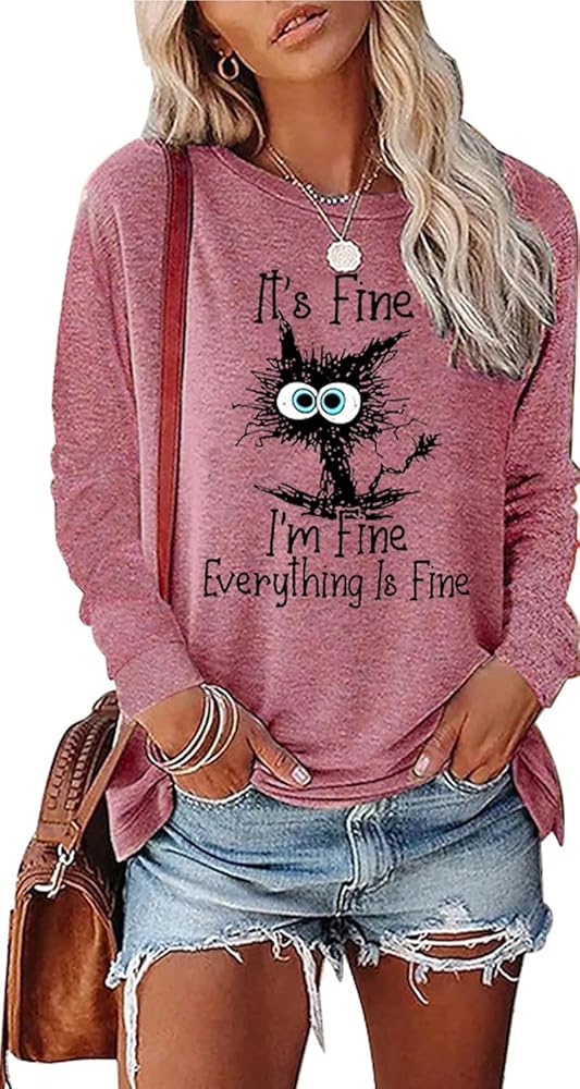 It's Fine I'm Fine Everything Is Fine Sweatshirt Fine Funny Cat Christmas Sweatshirt for Women Cute Fine Tee Tops