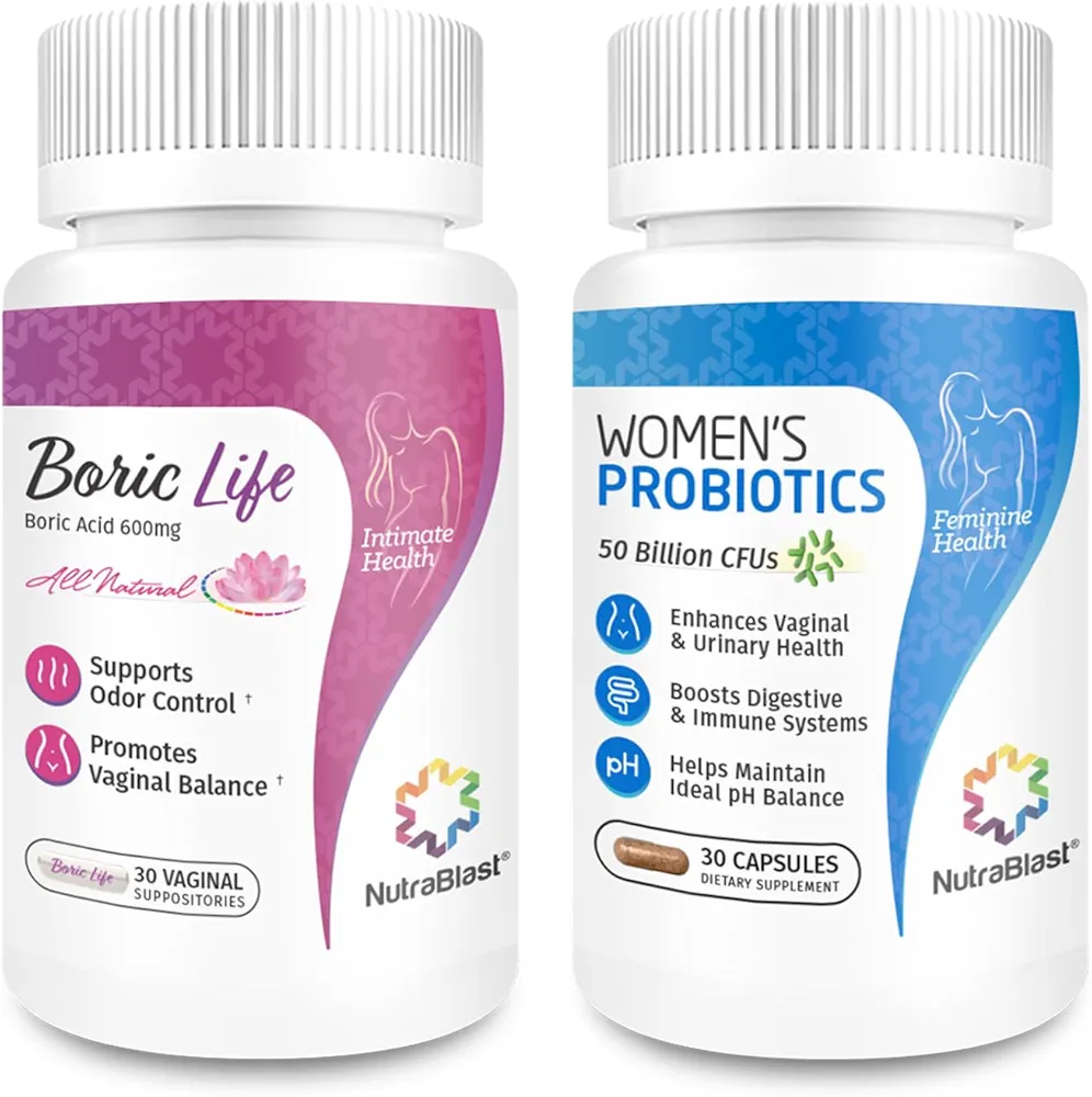 NutraBlast Boric Acid Vaginal Suppositories and Vaginal Probiotics | Supports Odor Control | Digestive, UT & Vaginal Health | Promotes Healthy Intimate Balance (30 Count)