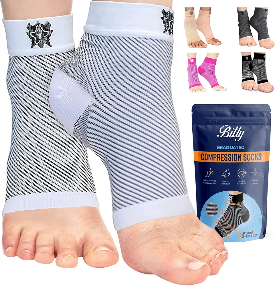 Bitly Plantar Fasciitis Compression Socks for Women & Men - Best Ankle Compression Sleeve, Nano Brace for Everyday Use - Provides Arch Support & Heel Pain Relief (White, Medium)