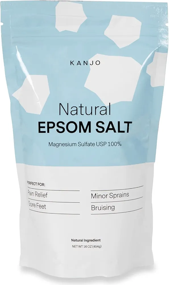 FSA HSA Eligible Kanjo Natural Epsom Salt - 100% Pure Magnesium Sulfate USP Bath Salt - Soak for Muscle Pain, Foot Pain, & Joint Pain Relief - Unscented - 16oz Bag