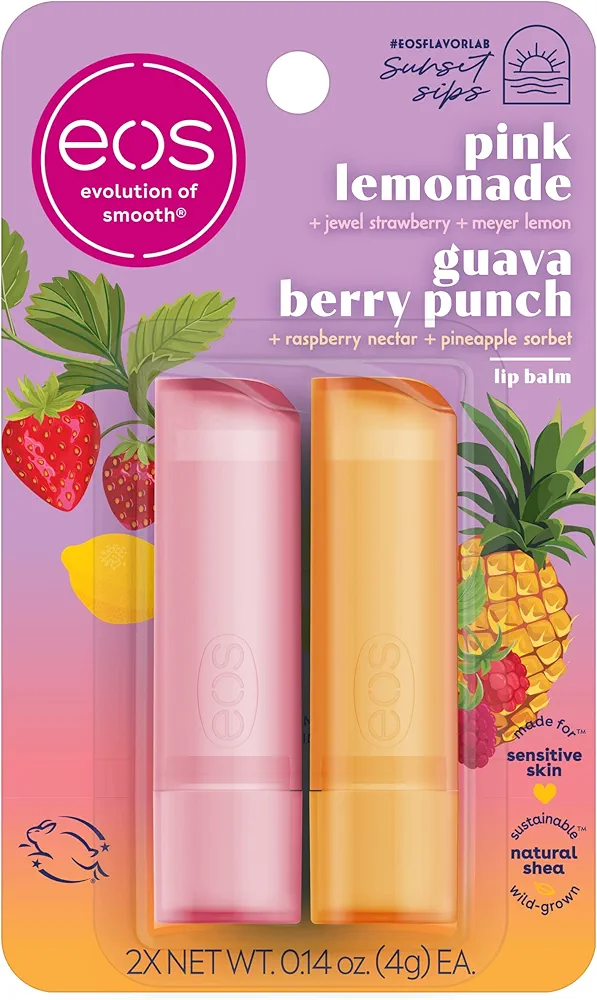 eos Sunset Sips Lip Balms- Pink Lemonade & Guava Berry Punch, All-Day Moisture, Lip Care, 0.14 oz, 2-Pack