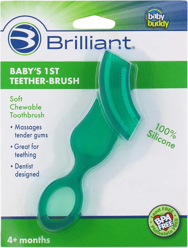 Brilliant Oral Care Baby’s First Toothbrush, Smooth Silicone Bristles Gently Clean Tender Teeth and Gums, for Ages 4+ Months, Green, 1 Pack