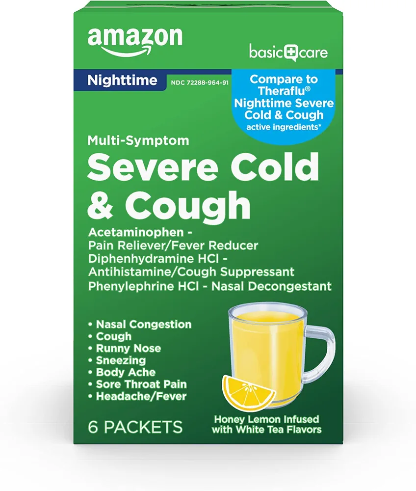 Amazon Basic Care Nighttime Severe Cold, Flu and Cough Suppressant Medicine Powder, Pain Reliever/Fever Reducer, Nasal Decongestant, Antihistamine, Honey Lemon Infused with White Tea Flavors, 6 Count