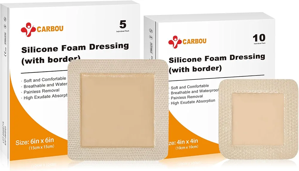 Carbou Silicone Foam Dressing with Adhesive Gentle Border,10 Pcs 4"x4" and 5 Pcs 6"x 6"Adhesive Waterproof and High Absorbency Square Wound Care Dressing Bandage for Pressure Sore, Leg Ulcer, Diabet