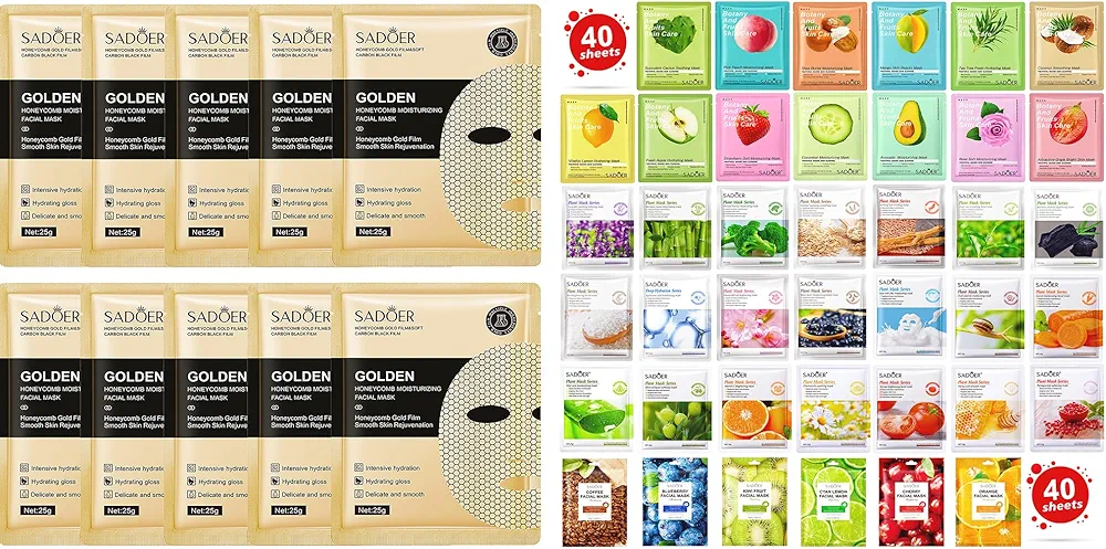 40 Pieces Collagen Face Mask Skin Care Set & 10 Pieces 24k Honeycomb Gold Face Mask Skin Care Set