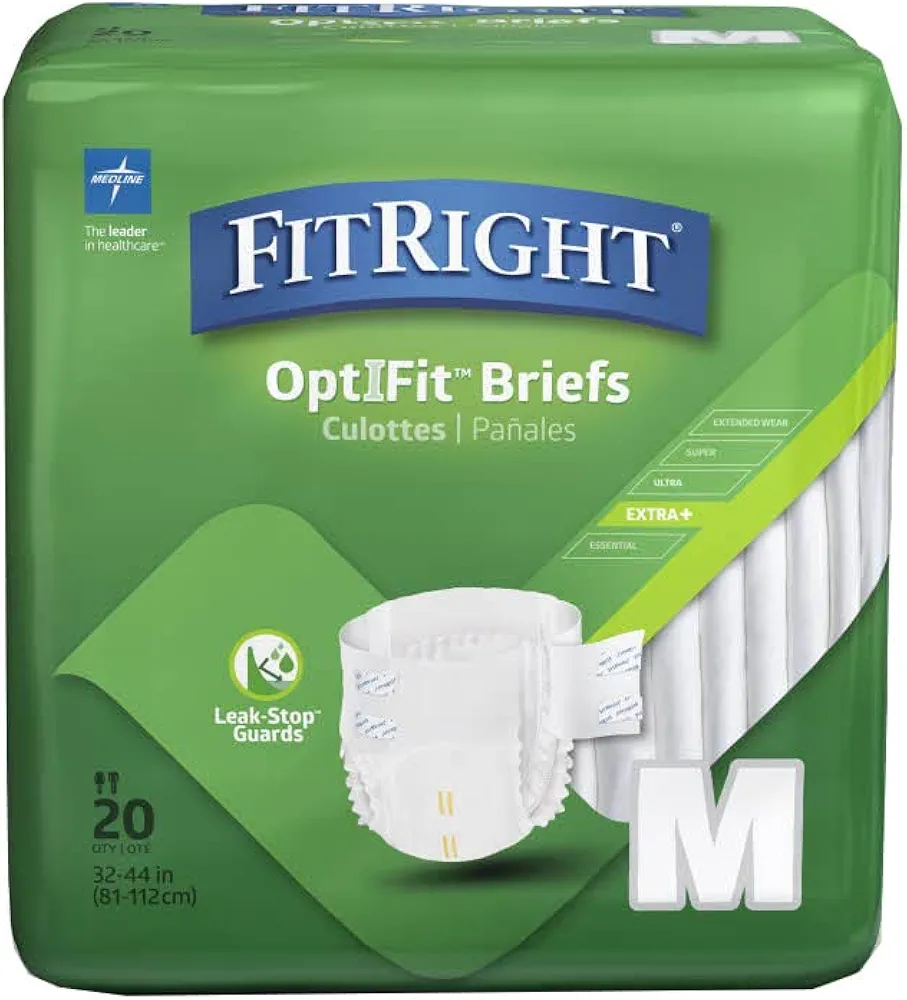 Medline FitRight OptiFit Extra+ Adult Diapers with leak stop guards, Disposable Incontinence Briefs with Tabs, Moderate Absorbency, Medium, 32"-44", 20 Count