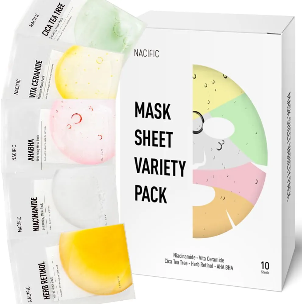 NACIFIC Premium 10-Sheet Facial Mask Skincare Korean Variety Pack for Ultimate Skin Nourishment - Hyaluronic Acid, Ceramide, and Vitamin-Infused for All Skin Type