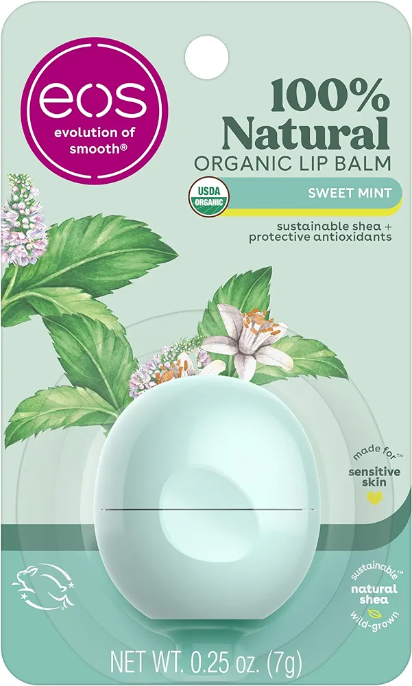 eos 100% Natural & Organic Lip Balm- Sweet Mint, Dermatologist Recommended, All-Day Moisture, Made for Sensitive Skin, Lip Care Products, 0.25 oz