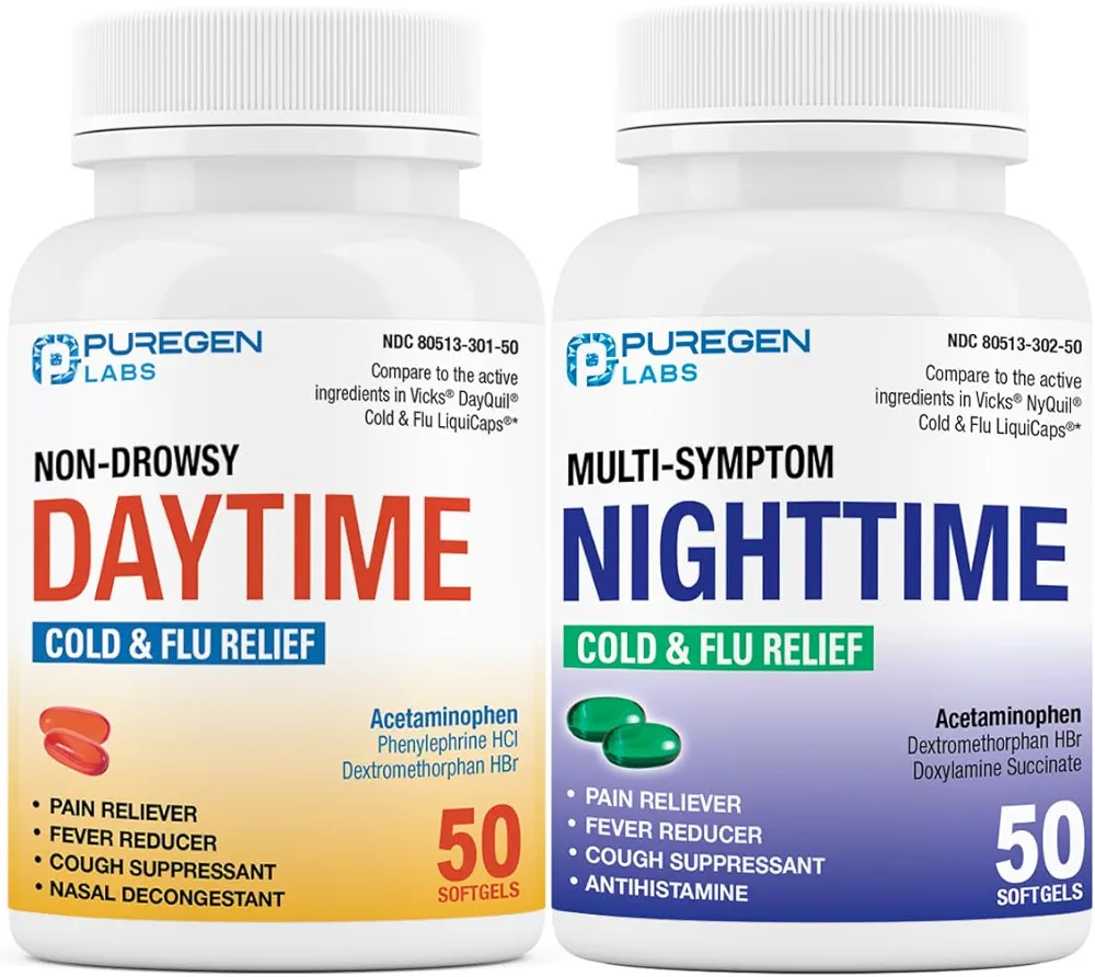 Puregen Labs Daytime and Nighttime Combo Pack, Cold and Flu Relief Medicine | Powerful Multi-Symptom Daytime and Nighttime Relief for Headache, Fever, Sore Throat, Cough, Congestion and Aches