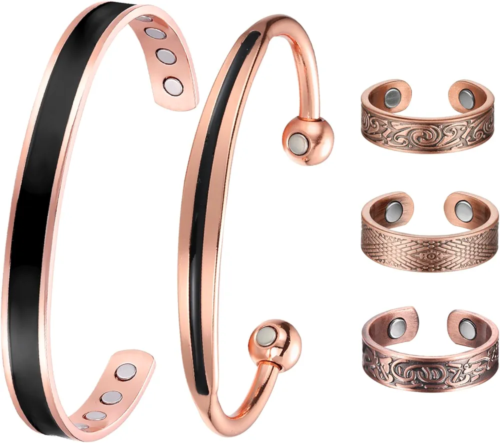 BioMag Copper Bracelet and Rings for Men, 99.99% Pure Copper Magnetic Bracelet with Strength Magnets Adjustable Health Jewelry Box