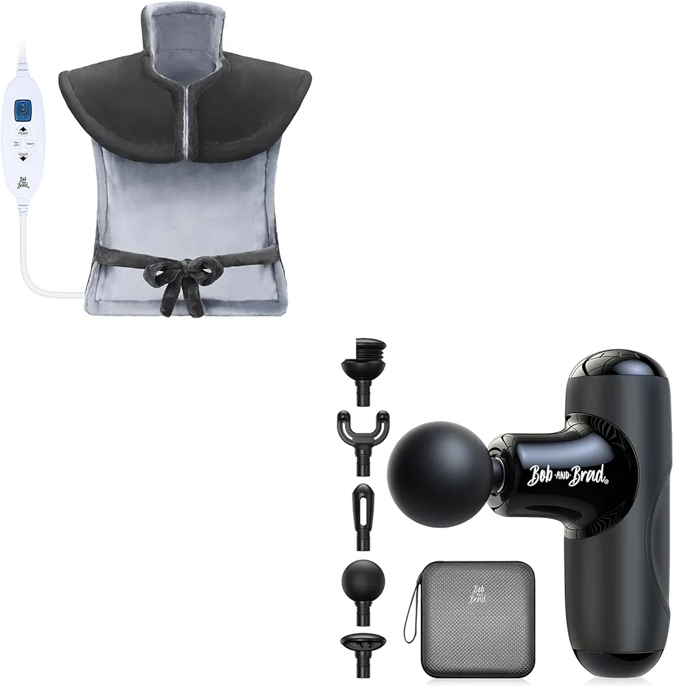 BOB AND BRAD Q2 Mini Massage Gun (Black) and Electric Heating Pad for Back Neck and Shoulders