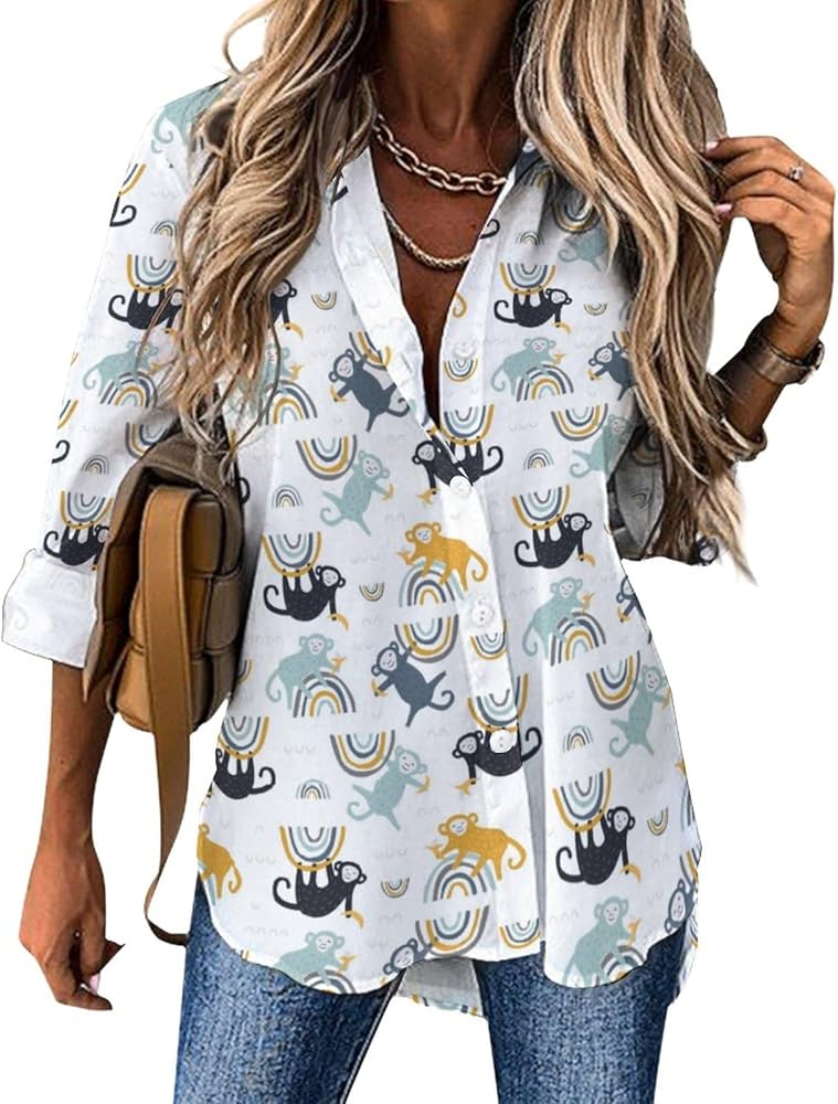 Cute Monkey Blouses for Women Hawaiian Button Down Long Sleeve Shirts Tees Tops