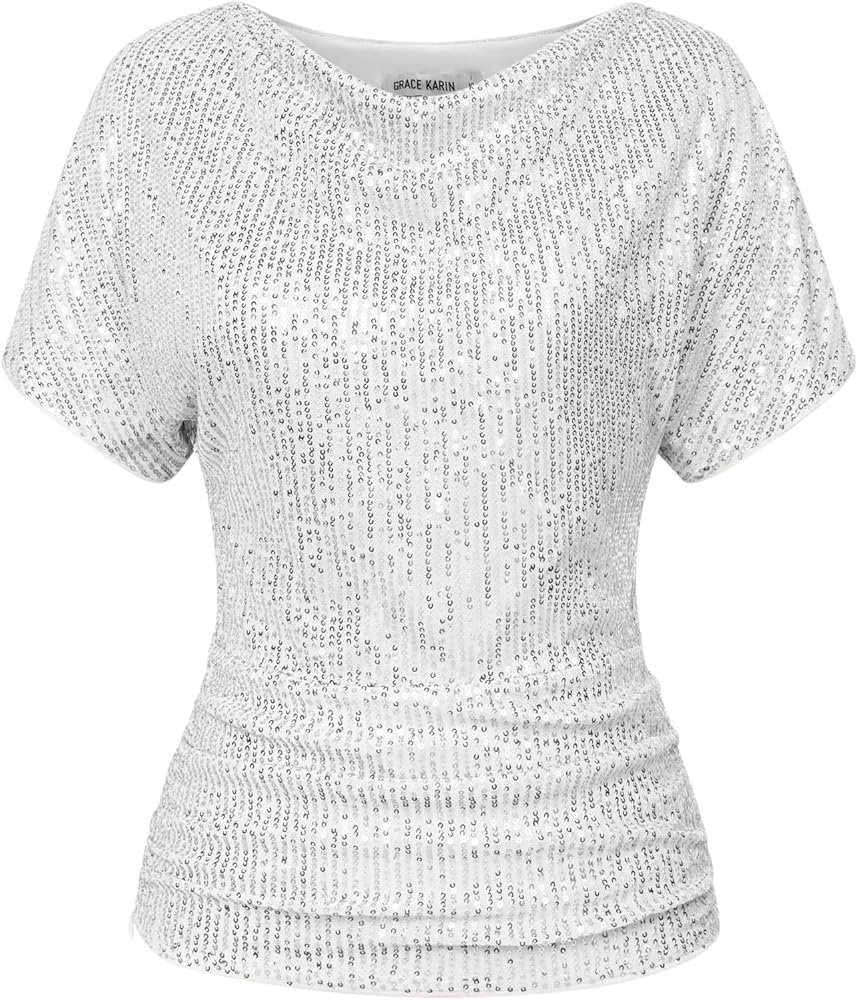 GRACE KARIN Women 2024 Summer Sequin Top Cowl Neck Batwing Sleeve Ruched Sparkly Glitter Party Blouse