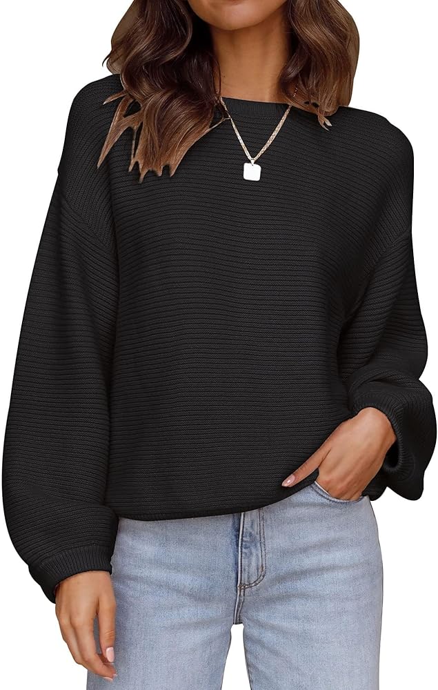 ZESICA Women's 2024 Crew Neck Long Lantern Sleeve Casual Loose Ribbed Knit Solid Soft Pullover Sweater Tops