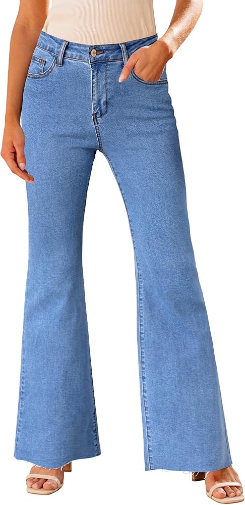 GRAPENT Wide Leg Jeans for Women Trendy High Waisted Flare Stretchy Bell Bottom Denim Pants Baggy Raw Hem Trouser Jeans