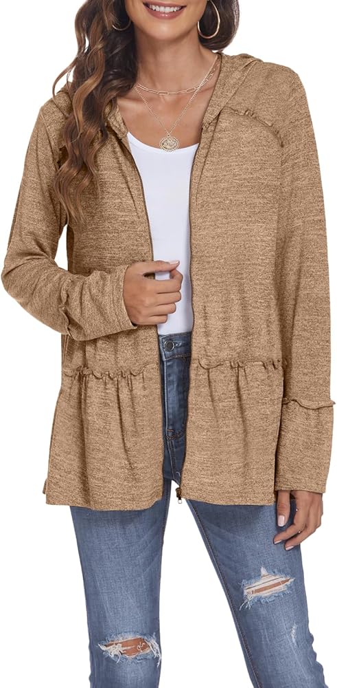 DEESHA Plus Size Zip Up Hoodie for curvy Women Spring Ruffle Hooded Sweatshirts Jacket Cardigans Lightweight(Coffee, 3X-Large)