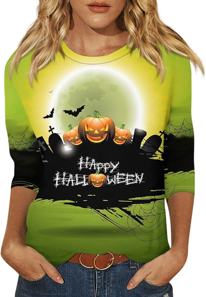 Halloween Costumes 3/4 Sleeve Round Neck Tops Cute Loose Fit Blouse Printed Trendy Tunic Casual Oversized tee