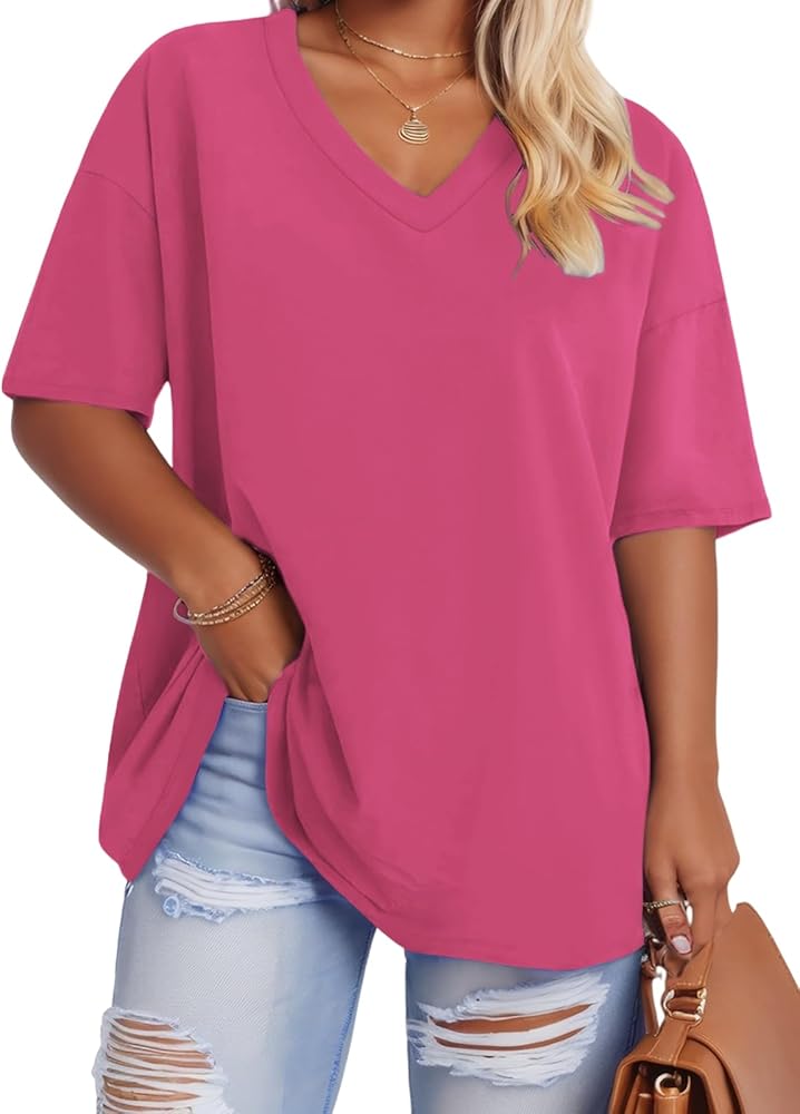 ROSRISS Plus-Size Tops for Women Oversized V Neck Shirts Drop Shoulder Tunics XL-5XL