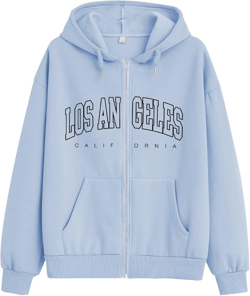 Los Angeles Oversized Zip Up Hoodie for Women California Letter Sweatshirt Brown Aesthetic Clothes Cotton Jacket(Light Blue,M)