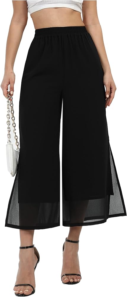 Women's Summer Capris Wide Leg Palazzo Pants Dressy Casual Split Chiffon Trousers