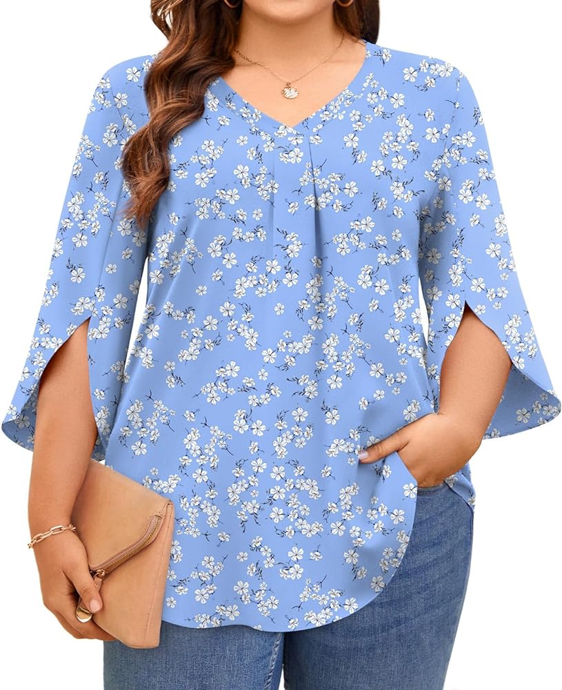 Aodemo Womens Summer Plus Size 3/4 Sleeve Chiffon Blouse Dressy Top V Neck Tunic Casual Work Shirt M-5XL