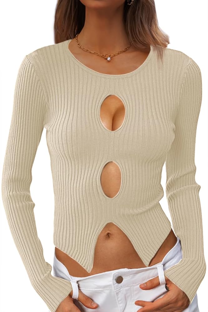 CHYRII Womens Sexy Fall Fashion Cutout Tops Ribbed Knit Winter Pullover Sweater Going Out Crop Tops