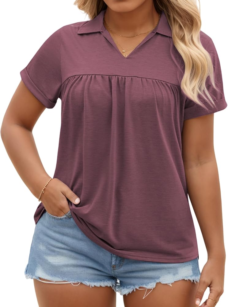 VISLILY Womens-Plus-Size-Summer-Tops Collared V Neck Polo Shirts Flowy Pleated Tunics Trendy Roll Short Sleeve Blouses