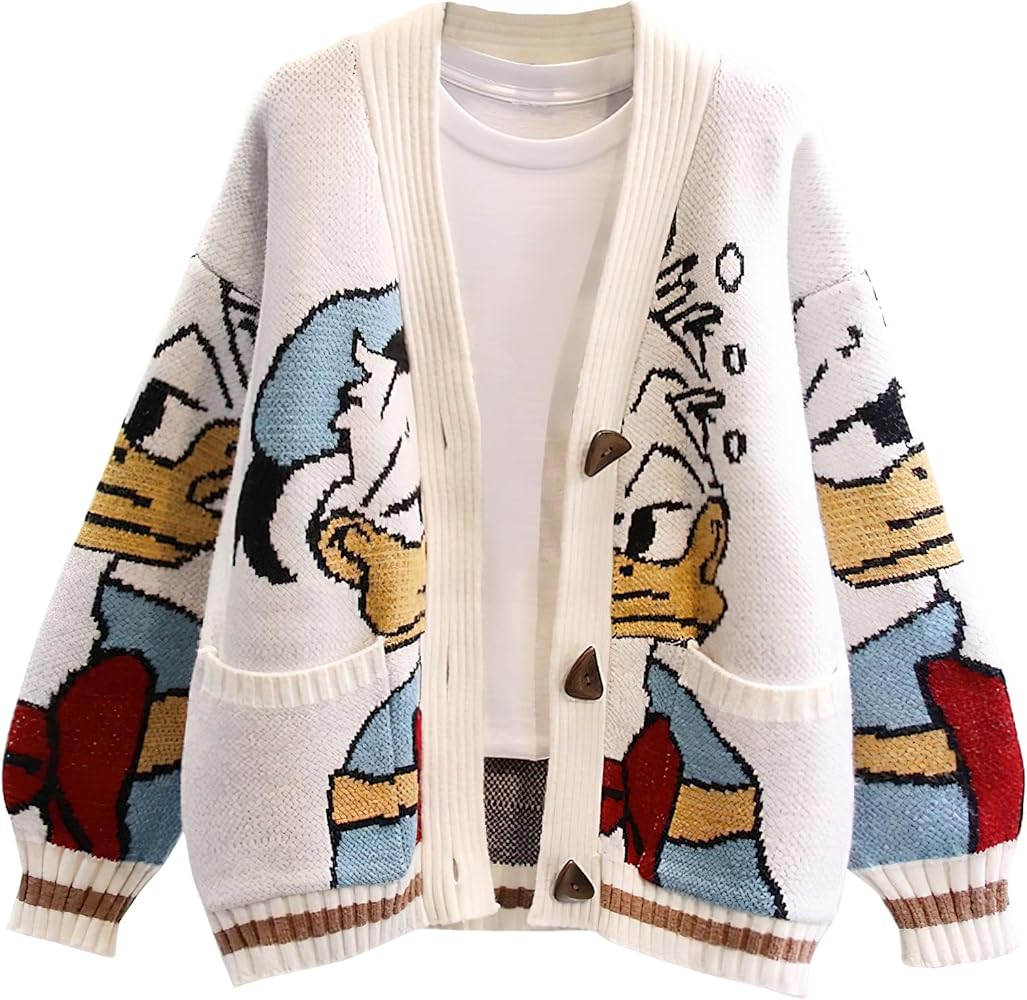 Womens Cute Embroidery Cartoon Duck Cable Knit Cardigans Sweater Button Down Slouchy Wool Blend Coat