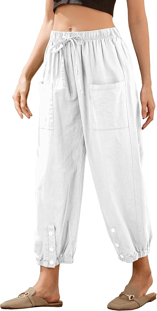 Casual Capri Pants for Women Linen Drawstring Elastic Capris Crop Relaxed Fit Cotton Wide Leg Capri Wide Leg Pants