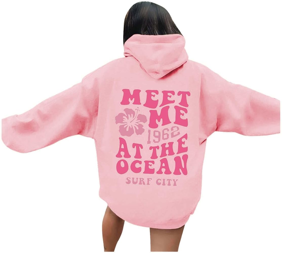 Meet Me at the Ocean Graphic Hoodies for Women Trendy Y2k Oversized Long Sleeve Pocketed Pullover Outfits